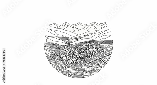 Stylized black and white illustration of a terraced village nestled within a mountainous landscape