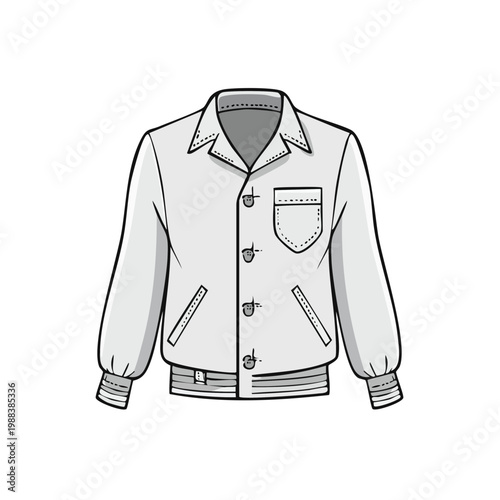 Flat fashion illustration of a classic bomber jacket with snap button closure and chest pocket