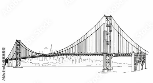 Black and white sketch of a large suspension bridge spanning across a bay with cityscape