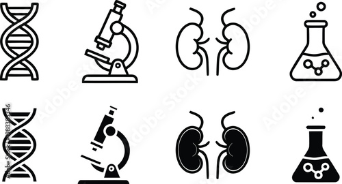 Science and Biotechnology Icon Set featuring DNA Helix Microscope Kidneys and Laboratory Flask in Line and Solid Styles for Medical Research and Genetic Engineering Design.
