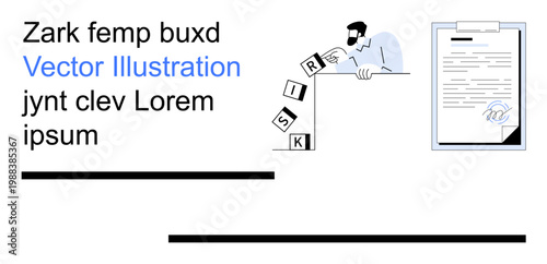 Risk assessment, decision-making, business strategies, teamwork, corporate agreements, entrepreneurship. Person stacking blocks labeled RISK and a document. Risk assessment and business strategies