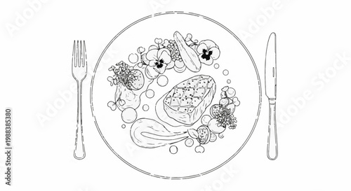 Black and white illustration of a gourmet steak dish with accompanying vegetables and edible flowers