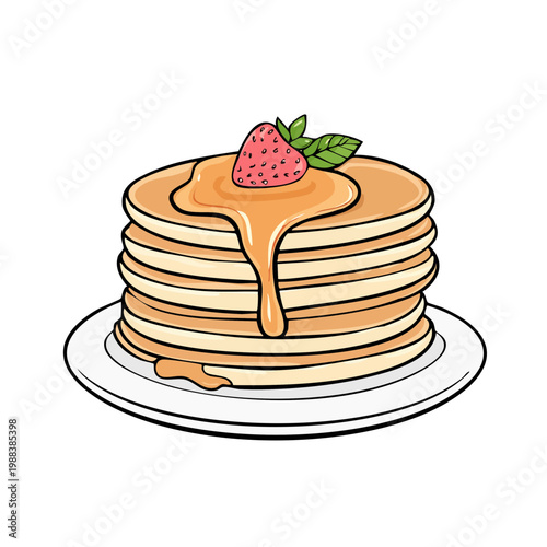 Delicious Stack of Golden Pancakes Drizzled with Syrup and Topped with a Strawberry and Mint Leaf