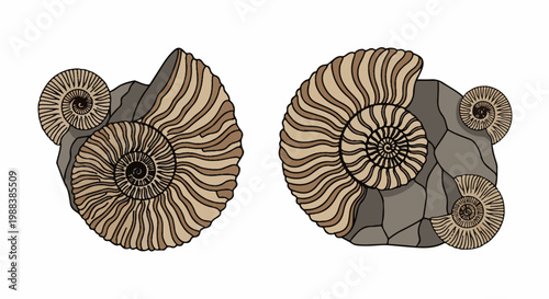 Two illustrated fossil ammonites embedded in rock formations