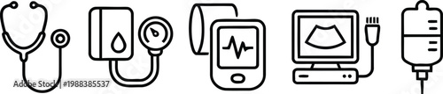 Medical Diagnostic Equipment Icon Set Featuring Stethoscope Blood Pressure Monitor Ultrasound Machine and IV Drip Vector Line Art
