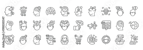 Neuromarketing Icon set Collection in Line Style. consumer, behavior, brain, activity, emotion, decision, psychology