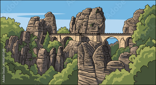 An arched bridge spans a gap between rocky sandstone formations with trees