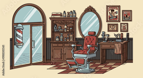 Vintage barber shop interior with barber chair, mirror, cabinets, and tools