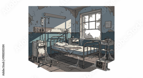 Abandoned hospital room with broken window, IV drip, and dusty bed