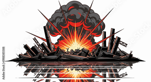 Violent explosion in a destroyed industrial cityscape with fiery blast