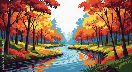 A winding river flows through an autumnal forest with vibrant colors