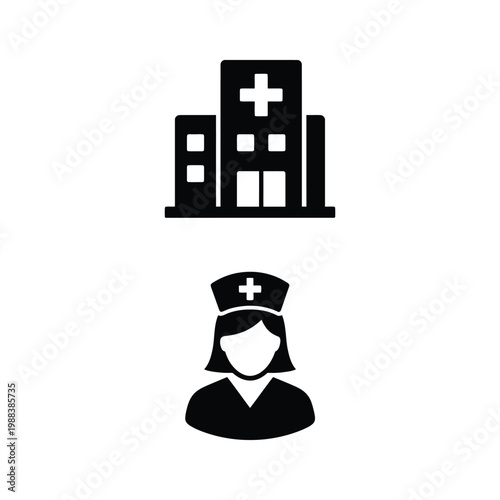 Hospital Building and Nurse Icon Set with Medical Clinic Architecture and Female Healthcare Worker Glyph Vector Symbols