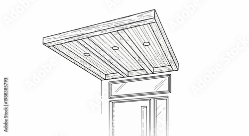 A line drawing shows a wooden ceiling with recessed lights over a window and door