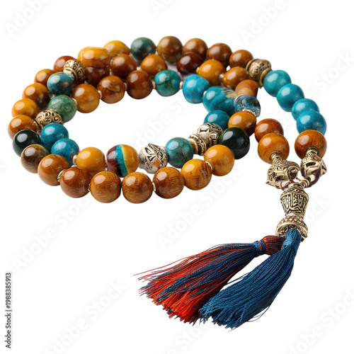 Colorful beads and tassel on a string used for meditation placed on a white surface in a simple setting during daylight hours on transparent background