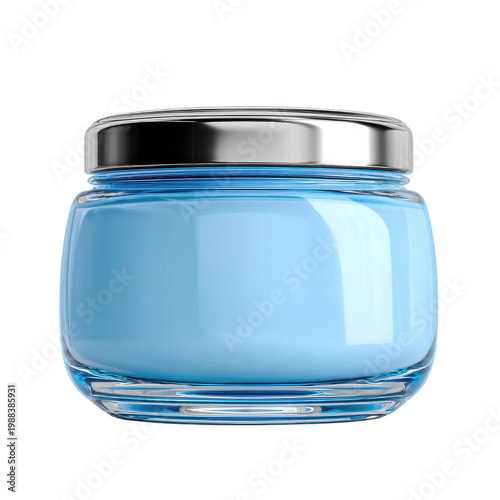 Glass jar filled with blue paste with a silver lid placed on a flat surface in a bright setting on transparent background