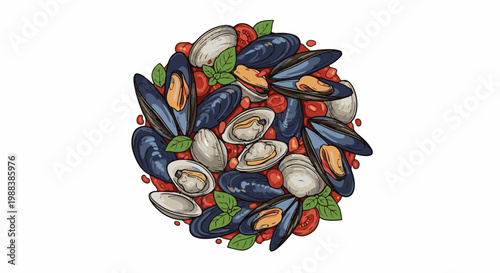 A circular arrangement of mussels, clams, tomatoes, and basil leaves