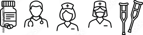 Medical Personnel and Pharmacy Icon Set Featuring Doctor Nurse Surgeon Medicine Bottle and Crutches Vector Line Art