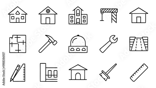 Architectural white outline icons displayed on a black background.
