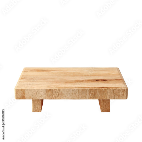 Wooden serving tray for kitchen use sitting on a table surface in bright light on transparent background