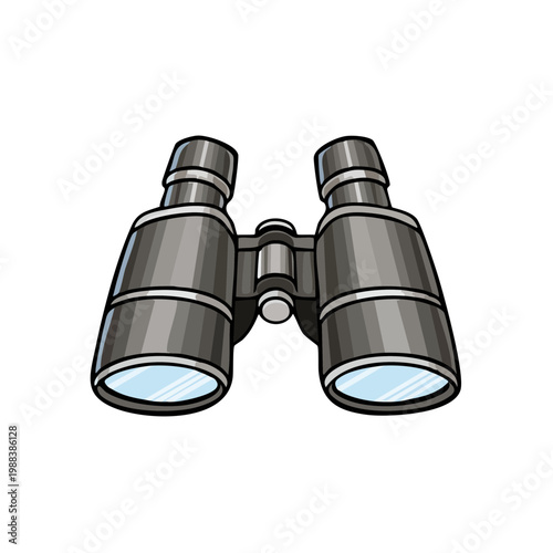 Hand-drawn cartoon binoculars illustration with reflective lenses and metallic body