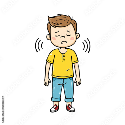 Cartoon boy with eyes closed looking sad with sound waves coming from his ears