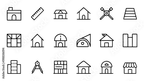 Set of fifteen white linear architecture icons over a black surface.