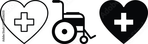 Medical Heart and Wheelchair Icon Set with Healthcare Love Symbol and Disability Accessibility Vector Signage