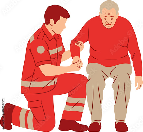 First responder provides compassionate support to an elderly man, assisting him with movement and ensuring his safety and well-being during a critical moment