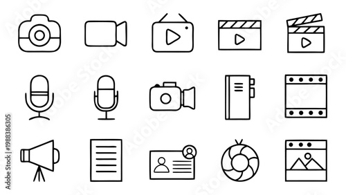 White linear digital interaction icons on a black background grid.