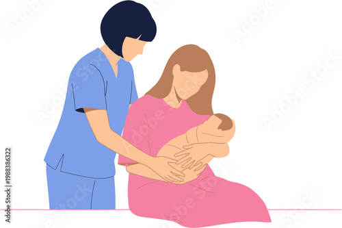 Caring healthcare professional assisting a new mother in holding her infant, symbolizing postnatal support and the tender beginnings of motherhood