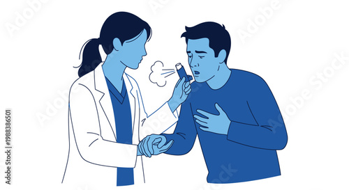 Doctor helping patient use inhaler for asthma treatment and respiratory care illustration