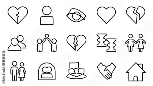 A collection of fifteen minimalist gray outline divorce icons is arranged in a three-by-five grid on a solid black background.