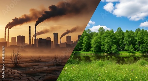 Environmental contrast pollution industrial vs green nature landscape concept
