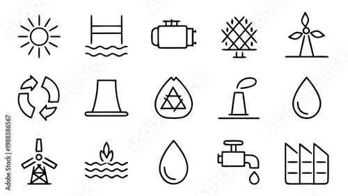 Fifteen minimalist outline energy icons for gas and water are positioned in three rows on a plain black background surface.