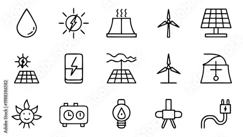 Fifteen thin line energy icons including gas and water symbols are displayed in a structured matrix on a dark black field.