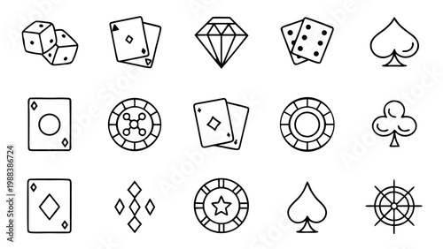 A collection of fifteen thin line gambling icons featuring betting symbols is arranged in a grid on a solid black canvas.