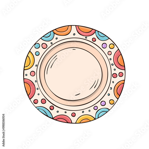 Round ceramic plate with a colorful decorative border featuring abstract geometric patterns and dots
