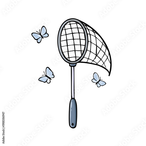 Hand drawn illustration of butterflies being caught in a butterfly net