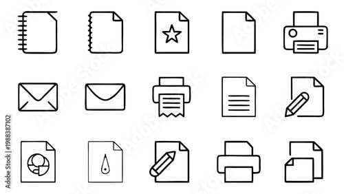 A set of white outline icons for paper documents is shown on black.