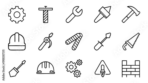 Various white thin-line icons for repair tasks like pliers and a handsaw displayed in a row on a deep black background for applications.