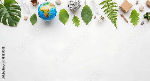 Flat lay earth with eco friendly items and green leaves sustainability concept