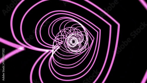 High-quality 4K animation of a twisted geometric heart-shaped particle tunnel in vibrant tones. Perfect for Valentine's Day, wedding backdrops, VJ loops, and romantic social media storytelling.