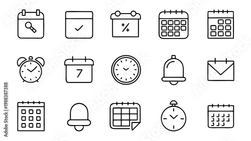 Minimalist white linear icons showing time-related concepts like an hourglass and a checklist clipboard against a black background.