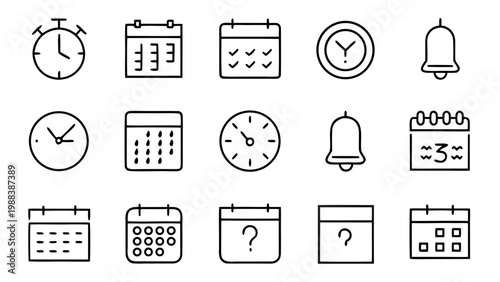 Thin white line icons for scheduling and time management featuring a calendar and a clock face positioned on a solid black background.