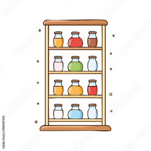 Hand drawn illustration of a wooden shelf filled with colorful glass jars containing liquids and pastes