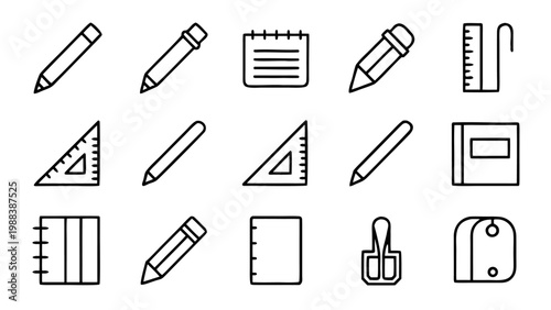 Thin white line icons for various school stationery supplies such as scissors and a glue stick positioned on a plain black background.