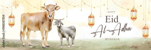 Eid ul Adha 2026 Greeting Card with Cow and Goat Illustration