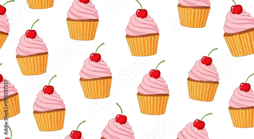 Sweet cupcake seamless pattern vector, pink frosting muffins with red cherry topping, cute bakery dessert background for wallpaper and wrapping paper