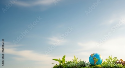Small globe on grass with green plants environmental sustainability concept