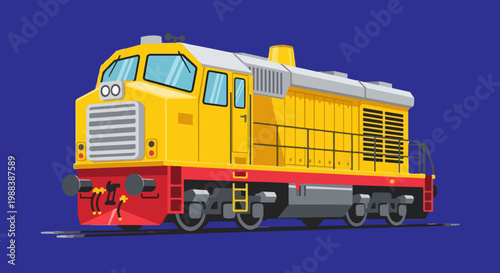 Yellow diesel locomotive vector illustration, heavy freight train engine on blue background, industrial railway transport vehicle icon
